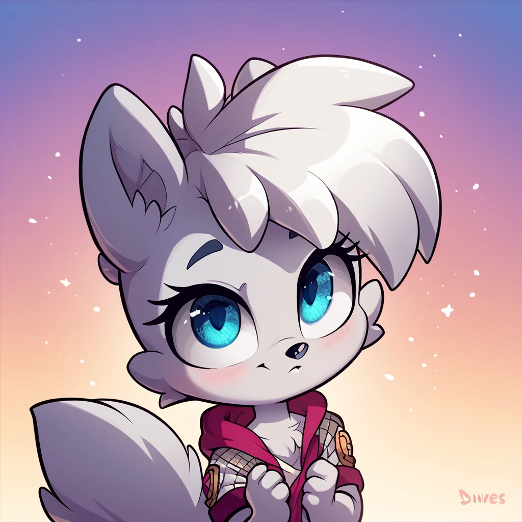 little fox, female, white hair, silver fur, blue eyes, cute kid, alone, white hair, cute, cub, by diives