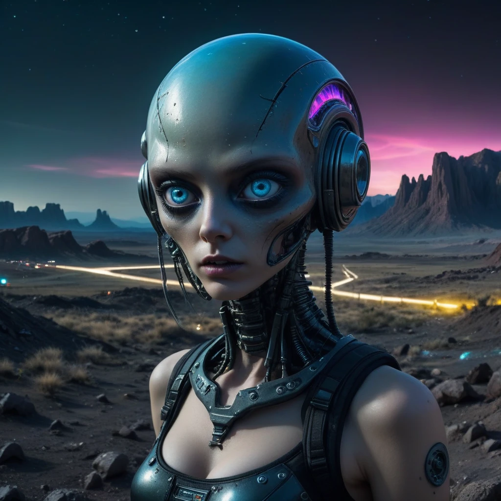 (photorrealistic:1.2, HDR, high resolution, ultra detali), cinematic science fiction photography, Breathtaking, punk rock atmosphere, futuristic extraterrestrial landscape, night time scene, Nikon d3300, Lente L USM, vibrant eyes, awardwinning