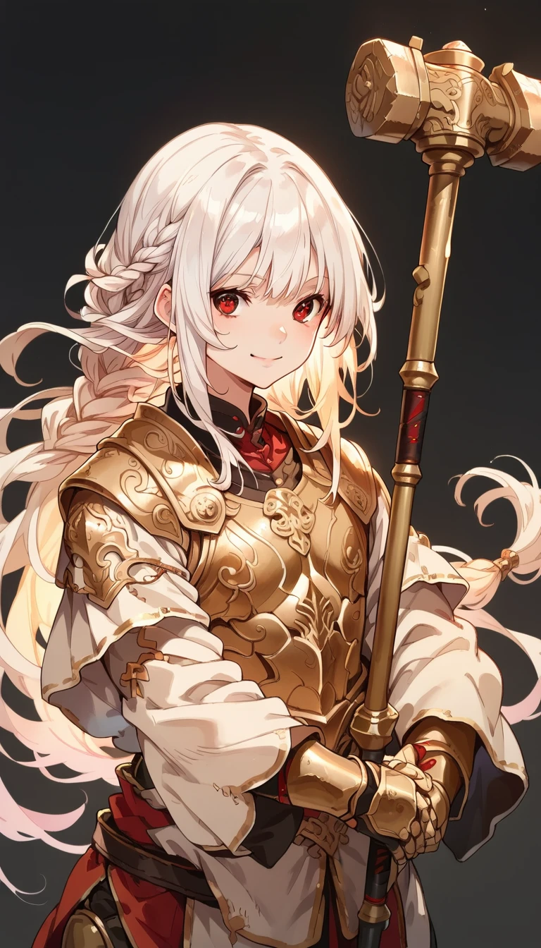 body shot, A young adventurer, femboy, long hair, heavy armor, Two-handed hammer , highly detailed, intricate,fantasy,(simple background),warrior,albino,full armor,(Two-handed hammer),Smiling Girl,single braid,Red eyes