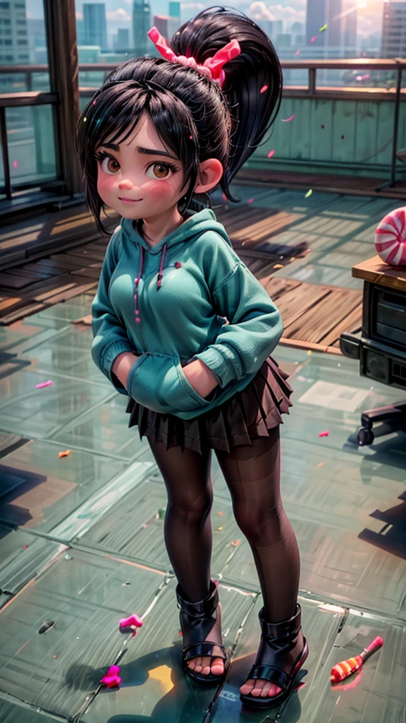 [Wreck_It_Ralph_Movie], ((masterpiece)), ((high quality)), ((HD)), ((beautiful portrait)), ((front view)), ((full body)), ((feet visible, visible feet, highly detailed feet, barefoot, sandals)), ((beautiful background)), {vanellope von schweetz, black hair, red scrunchy, short ponytail, (candy in hair:1.2), (cute half-closed brown eyes), adult woman, beautiful legs, curvy hips, side-boobs, smug smirk, white teeth}, {(aqua sweatshirt), (brown tuffled skirt), (aqua striped pantyhose)}, {(standing on raceway), (hands in pockets), (looking at viewer)}, [Background: (racetrack), (confetti), (blue sky), (bright sun), (sun rays)]