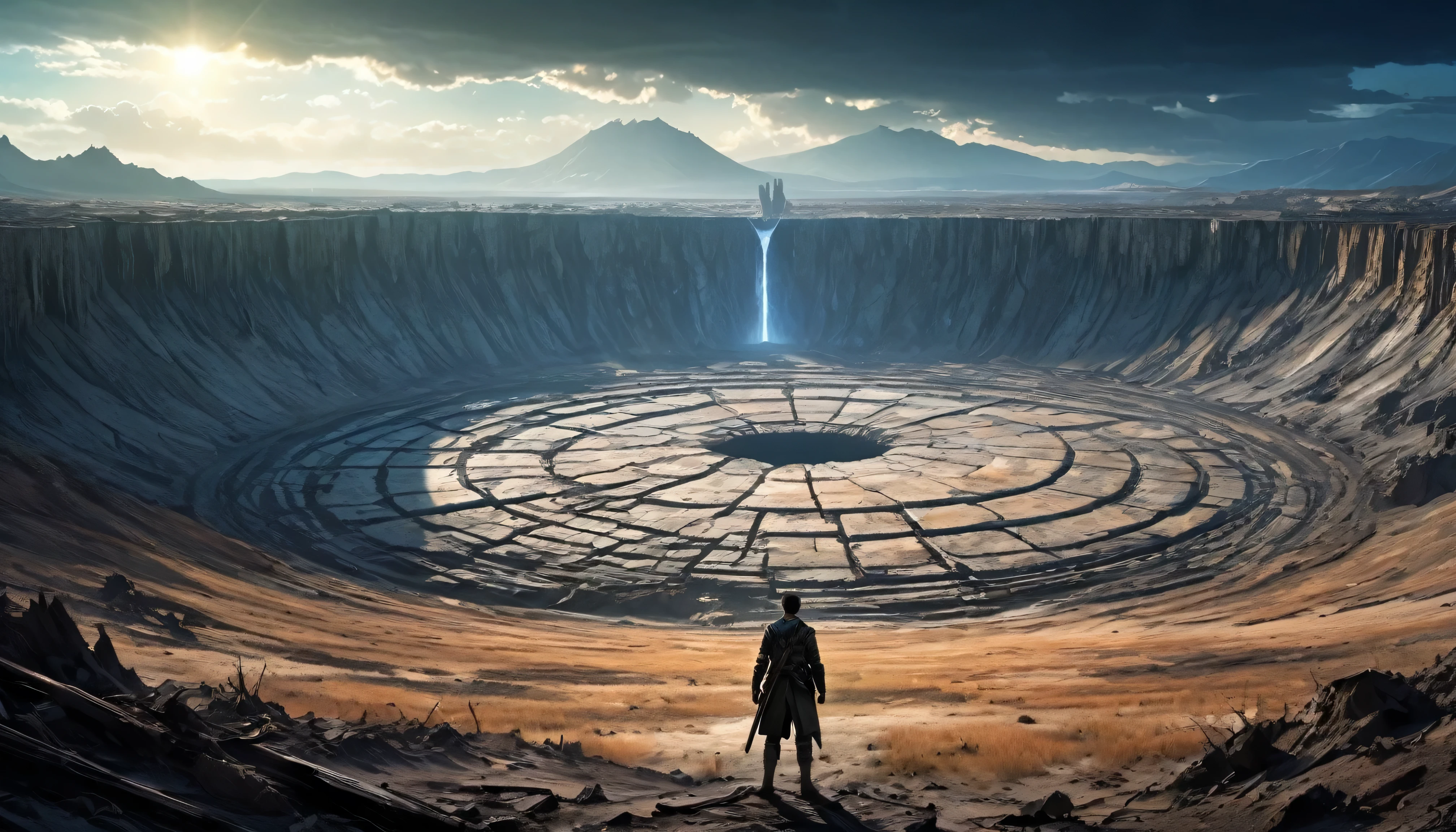 (anime, fantasy, wasteland), (best quality, highres, HDR:1.2), (cold colors), dark atmosphere, harsh environment, abandoned land, a man standing in the distance, giant crater, drought, intricate, ethereal light, detailed landscape