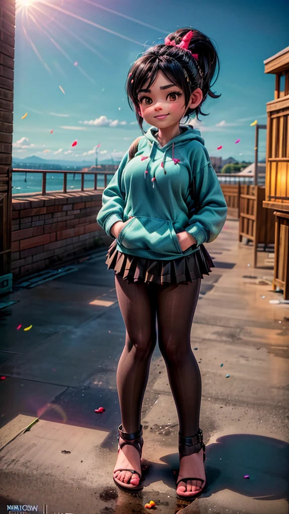 [Wreck_It_Ralph_Movie], ((masterpiece)), ((high quality)), ((HD)), ((beautiful portrait)), ((front view)), ((full body)), ((feet visible, visible feet, highly detailed feet, barefoot, sandals)), ((beautiful background)), {vanellope von schweetz, black hair, red scrunchy, short ponytail, (candy in hair:1.2), (cute half-closed brown eyes), adult woman, beautiful legs, curvy hips, side-boobs, smug smirk, white teeth}, {(aqua sweatshirt), (brown tuffled skirt), (aqua striped pantyhose)}, {(standing on raceway), (hands in pockets), (looking at viewer)}, [Background: (racetrack), (confetti), (blue sky), (bright sun), (sun rays)] sexy.