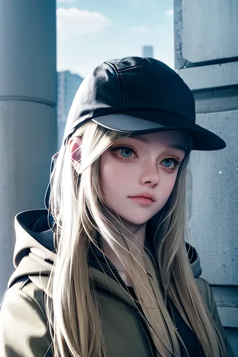 rosere, solo, hat, 1girl, long hair, realistic, hood, coat, baseball cap, blonde hair, hood down