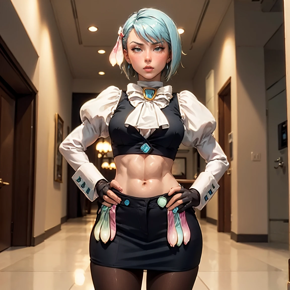 8k, ray tracing, vibrant colors, (1girl, solo), (aafranziska, light blue hair:1.5), (10 years old:1.8), black ascot, puffy sleeves, pencil skirt, pantyhose, black gloves, jewelry, earrings, slim figure, masterpiece, sharp focus, Best Quality, depth of field, cinematic lighting, very detailed clothes, (used condoms, condom belt, used condom belt, condom hair ornament:1.6), abs, ((so embarrassed, blush)), elbow gloves, Perfect eyes, perfect hair, Rich in details and textures, masterpiece, Best Quality, beautiful girl, Sun light, chiaroscuro, (perfect hands:0.7, Clean hands:0.7), ((((Professional photography)))), ((Dream)), Whole body