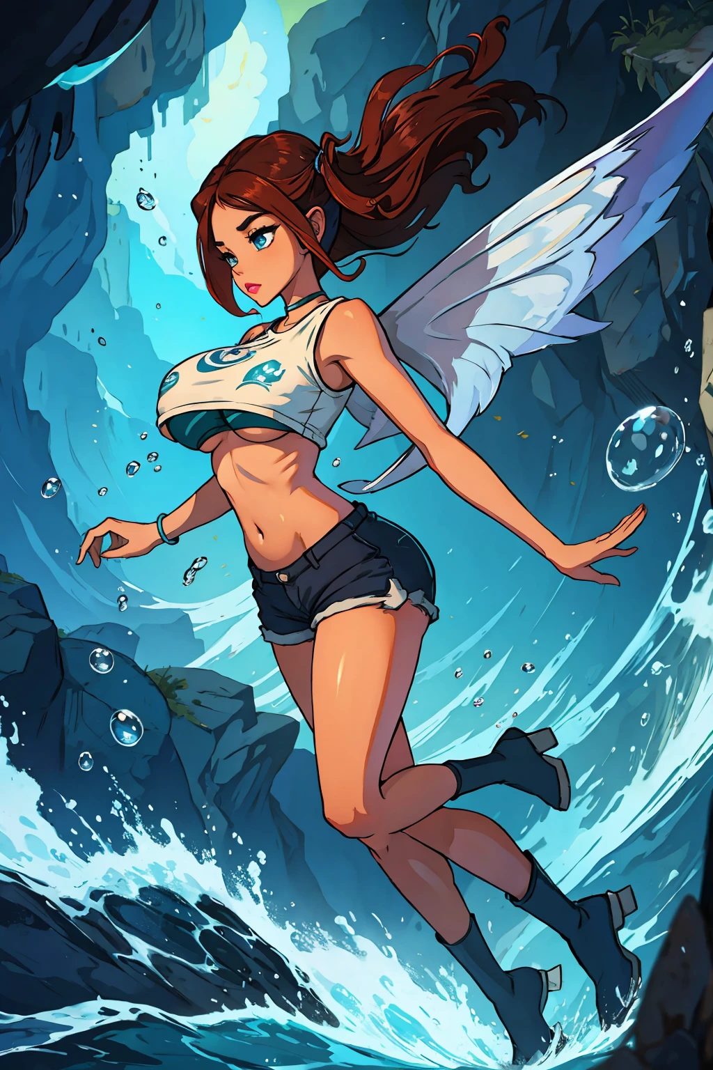 short pants,(( inner side boobs)), hair flying, short shirt, dynamic pose, full body ,panties,perfect hands, five perfect fingers, (((fish wings))), Powerful aquatic light on the hand, goddess of waters, control over water.