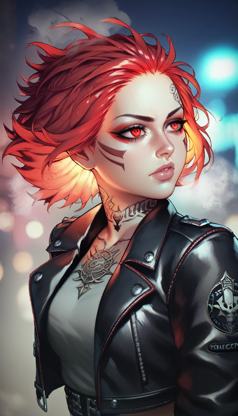 score_9, score_8_up, score_7_up, 1girl, detailed face, eyelashes, red hair, glowing hair, red eyes, neck tattoos, black leather jacket, intricate leather jacket, embroidered leather jacket, smoke, bokeh, blurry background, night city background, gwentystyle,