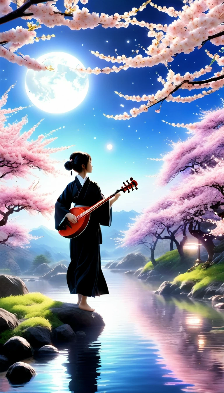 Made by AIS-RCN, 8K Photo, "words, Shamisen, Jump out of the light, Transform your thoughts into delicate works of art.", Supple, Black light、Full moon with cherry blossoms in the background、Try expressing the flow of sound as well