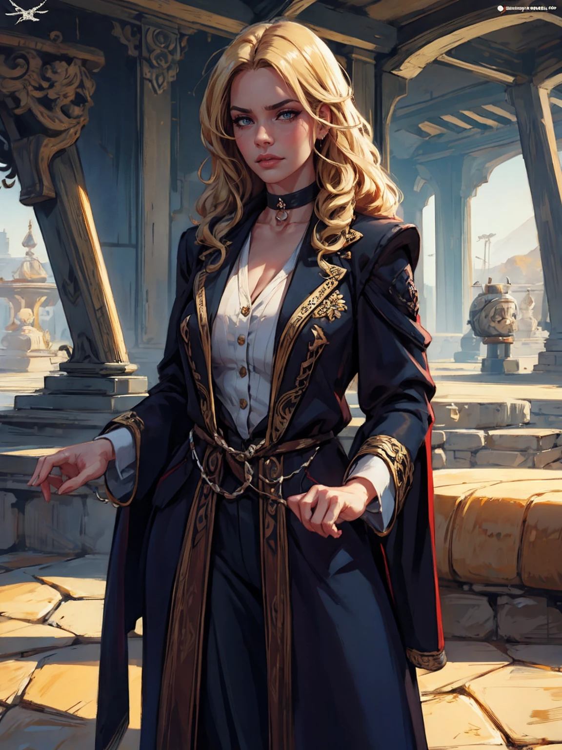 {-erro_de_anatomia:1.0}(Masterpiece - Ultra-Detailed, High Resolution) woman 40 years old, a woman (johanna constantine), wearing a brown overcoat , very long blond hair, curly hair, (blond hair), (dark blue 1 eyes), black choker . Indifferent look , merciless, dinamic poses, egoist smile, angry face,