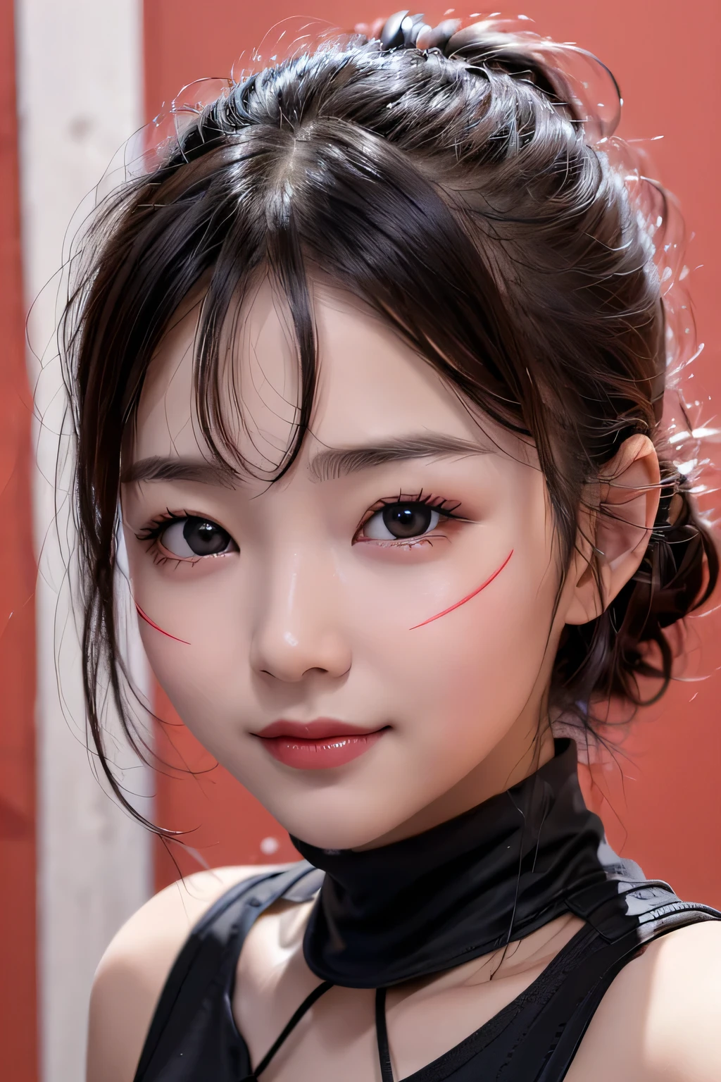 ８K, Portraiture, Portraiture, (alone), masterpiece, Highest quality, abs、athletic、Baby Face、Round face、((Upper shot close-up))、(Matte black clothing with red lines:1.3)、Black Hair、(Open Front:1.3)、Lazy Smile、(black eye)