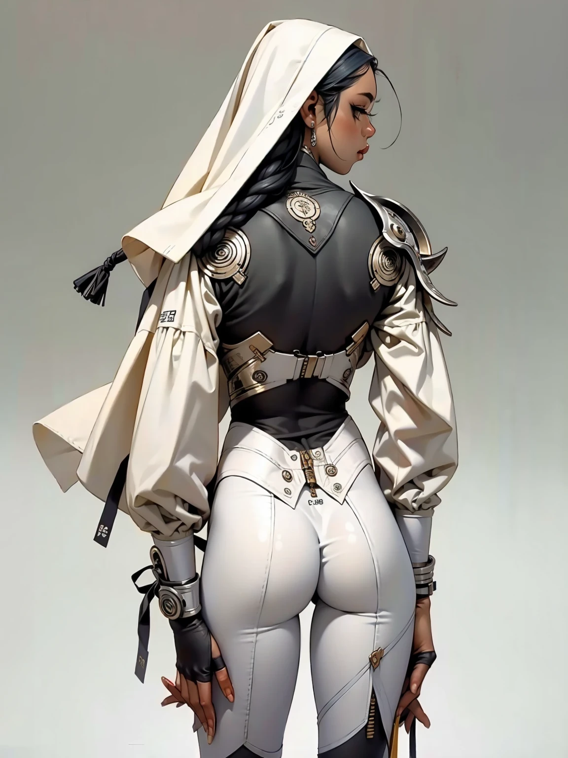 ((Kizi negra))), Kizi africana, (((skin black, darkskin))), (((white hair))), ((( nun suit ))), (((back view))), (((perfect ass))), ((high collar)), (((black with red details))), (((best qualityer: 1.4))), (Unbeatable masterpiece), (hiper HD),(CG 8k hyper-realistic), (((brave face))), (((breasts big))), (((hyper feminine))), sexly afro girl,（black bob hair)), ((( sculptural body ))), (((1 Kizi))), afro girl com perfectbody,,Beautiful and well-groomed face,muscular body:1.2,solid color detailed jacket, (Head to thigh photos)， Complex equipment, green dark，Long pants，Tight clothes are dark，With white stars and off-white stripes,,,,,Armor Metal Electronic Parts, Poison tattoos ) INFO, Kizi, (((standing alone))), pirralha violent, (((14歳))), sexly, pose de atitude, work of art, post-apocalypse, (((manga style))), bounty hunter, violent, Manic, the way you want, slenderbody, thin but strong, perfectbody, roupa moderna, advanced technology, neon, sleeves with vertical striped pattern, neutral background, (( cowboy shot )). intricate visual