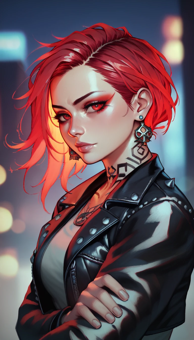 score_9, score_8_up, score_7_up, 1girl, detailed face, eyelashes, red hair, glowing hair, red eyes, earrings, neck tattoos, black leather jacket, intricate leather jacket, embroidered leather jacket, facing viewer, bokeh, blurry background, night city background, gwentystyle,