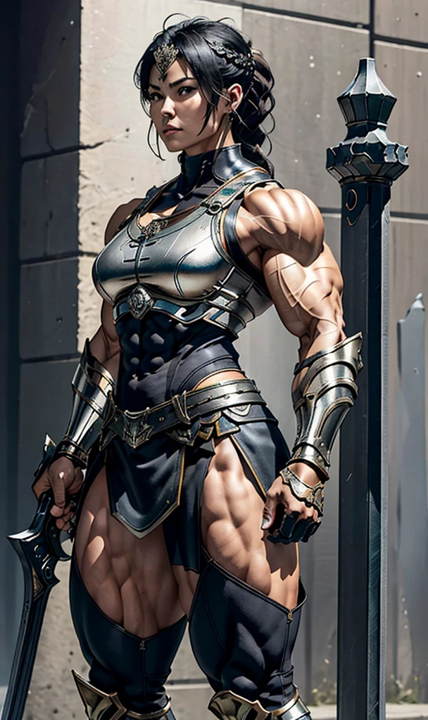 Highest quality、４K８K、One female、((Full body image))、((A woman with a massive muscular physique))、55-year-old middle-aged woman、Valkyrie General、Height: 185cm、Weight 120g、Medieval metal armor、Ornately decorated ceremonial armor、((Metal armor with lots of exposed skin))、Metal Boots、Stiletto boots、With a huge long sword、((Sleeveless Armor))、((Metallic ultra-mini skirt))、Male pattern, large build like a bodybuilder、bulging muscles、Protruding veins、Thick and strong neck、Developed trapezius muscles、Six-pack、Male bodybuilder chest、((Strong muscular thighs))、bulging calf muscles、Model standing、The Queen's Appearance、A Majestic General、Possesses incredible strength、Black Hair Upstyle Hair、Valkyrie Hair Ornament