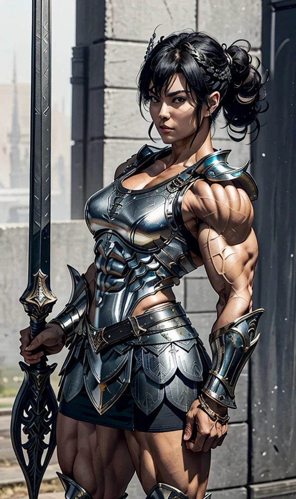 Highest quality、４K８K、One female、((Full body image))、((A woman with a massive muscular physique))、55-year-old middle-aged woman、Valkyrie General、Height: 185cm、Weight 120g、Medieval metal armor、Ornately decorated ceremonial armor、((Metal armor with lots of exposed skin))、Metal Boots、Stiletto boots、With a huge long sword、((Sleeveless Armor))、((Metallic ultra-mini skirt))、((A solid physique like a male bodybuilder))、bulging muscles、Protruding veins、Thick and strong neck、Developed trapezius muscles、Six-pack、Male bodybuilder chest、((Strong muscular thighs))、bulging calf muscles、Model standing、The Queen's Appearance、A Majestic General、Possesses incredible strength、Black Hair Upstyle Hair、Valkyrie Hair Ornament