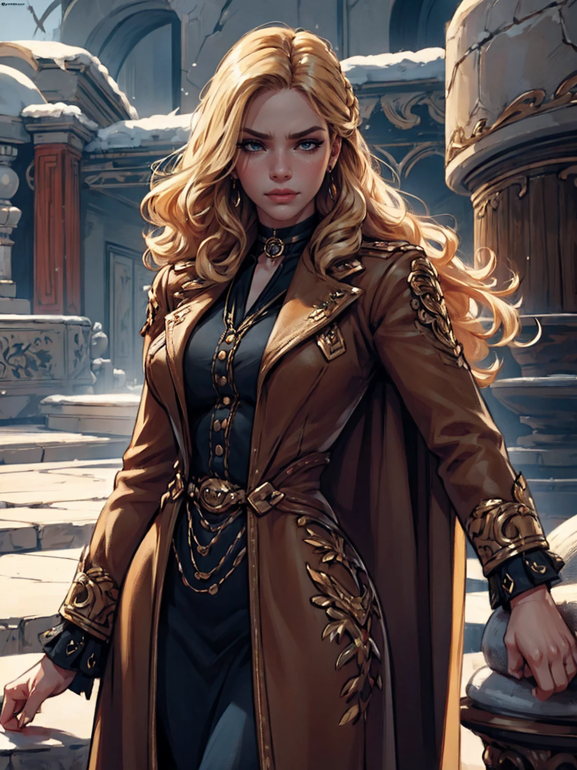 {-erro_de_anatomia:1.0}(Masterpiece - Ultra-Detailed, High Resolution) woman 40 years old, a woman (johanna constantine), wearing a brown overcoat , very long blond hair, curly hair, (blond hair), (dark blue 1 eyes), black choker . Indifferent look , merciless, dinamic poses, egoist smile, angry face,