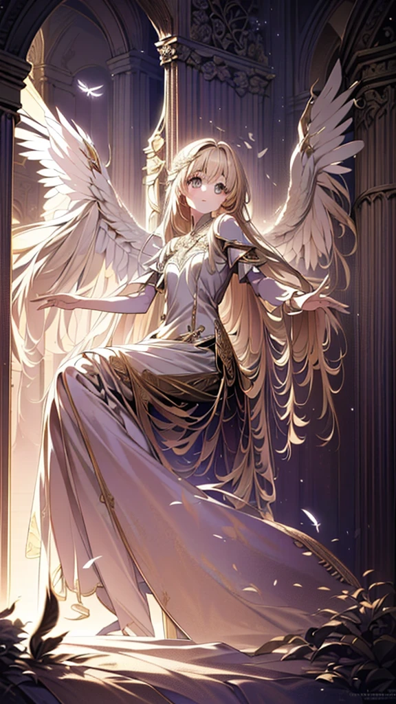 An imaginative artwork featuring a girl with two wings, evoking a sense of wonder and freedom, (Artistic fantasy:1.1), (Whimsical allure:1.3), (Graceful levitation:1.2), (Feather details:1.1), (Enchanting atmosphere:1.2), (Intricate and delicate touches:1.3), (Soft and dreamy color scheme:1.2), (Magical exploration:1.1).