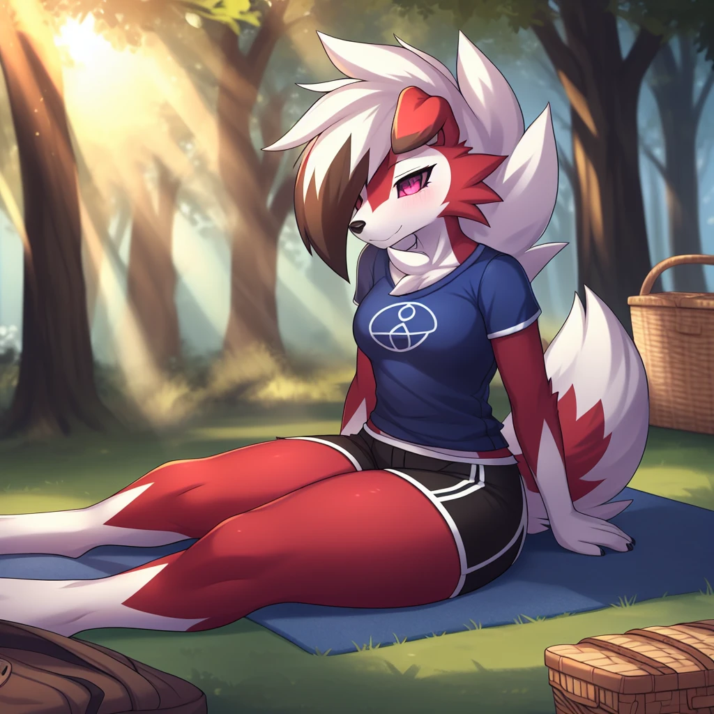 by zinfyu, por twistedscarlet60, Sent from Pixiv, por fluff-kevlar, (work of art), (best qualityer:1.3), (midnight lycanroc), (woman alone:1.2), (extremely detaild:1.4), (eye detailed, black circle in the eye, eye pink:1.5), (half body portrait:1.2), (close view), (adult body posture, Fine body), midnight lycanroc esbelta e atlética com expressão tímida, sitting in a relaxed manner, but gently reserved, on a picnic, red and white checkered rug on the floor, midnight lycanroc com as mãos suavemente descansando em seu colo, dress with cropped sports t-shirt and matching sports shorts, fitted fabric that highlights the silhouette, (sunlight filtering through the trees, shadows splashed on the ground:1.3), (picnic basket next to, food on the carpet), (serene park during a sunny afternoon), (intricate details of the face and eyes), (focus on the unique combination of pink iris and small black circle in the pupils), (intimate and peaceful environment)