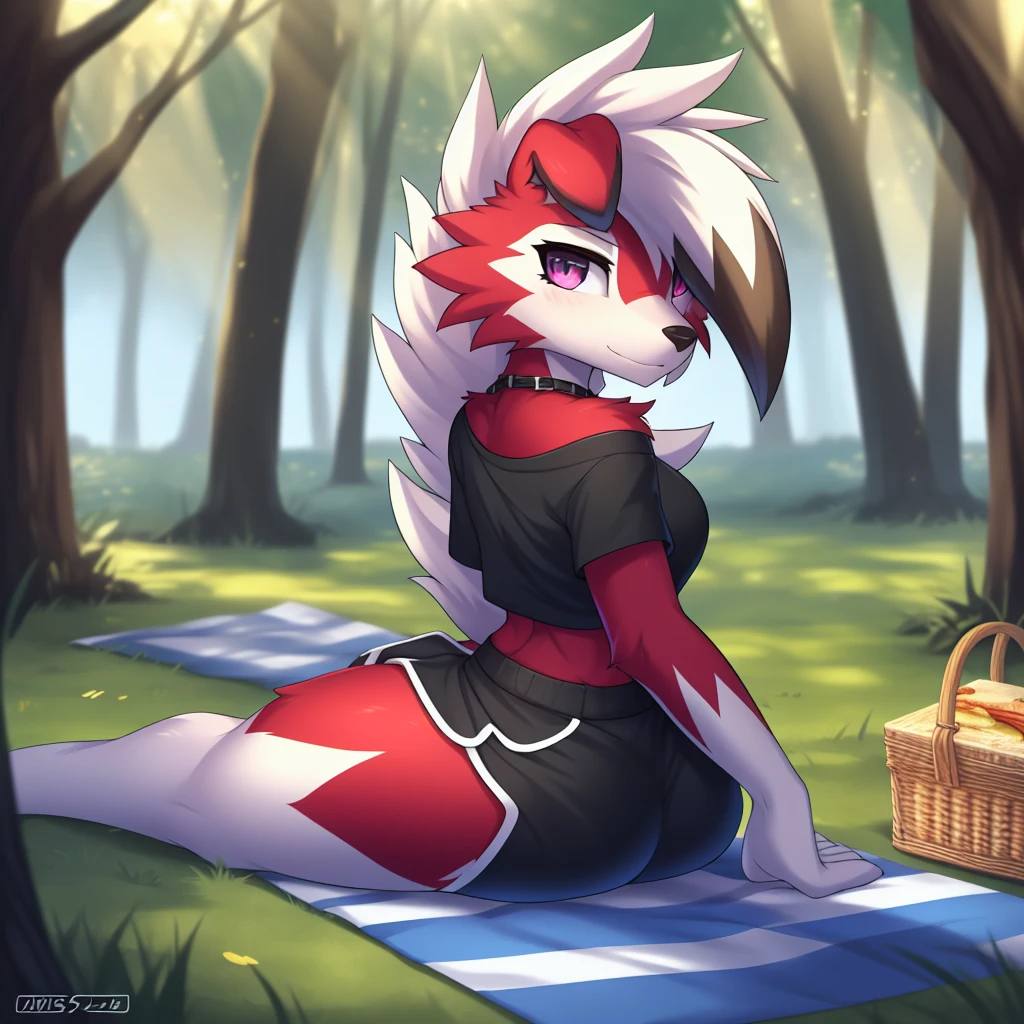 by zinfyu, por twistedscarlet60, Sent from Pixiv, por fluff-kevlar, (work of art), (best qualityer:1.3), (midnight lycanroc), (woman alone:1.2), (extremely detaild:1.4), (eye detailed, black circle in the eye, eye pink:1.5), (half body portrait:1.2), (close view), (adult body posture, Fine body), midnight lycanroc esbelta e atlética com expressão tímida, sitting in a relaxed manner, but gently reserved, on a picnic, red and white checkered rug on the floor, midnight lycanroc com as mãos suavemente descansando em seu colo, dress with cropped sports t-shirt and matching sports shorts, fitted fabric that highlights the silhouette, (sunlight filtering through the trees, shadows splashed on the ground:1.3), (picnic basket next to, food on the carpet), (serene park during a sunny afternoon), (intricate details of the face and eyes), (focus on the unique combination of pink iris and small black circle in the pupils), (intimate and peaceful environment)