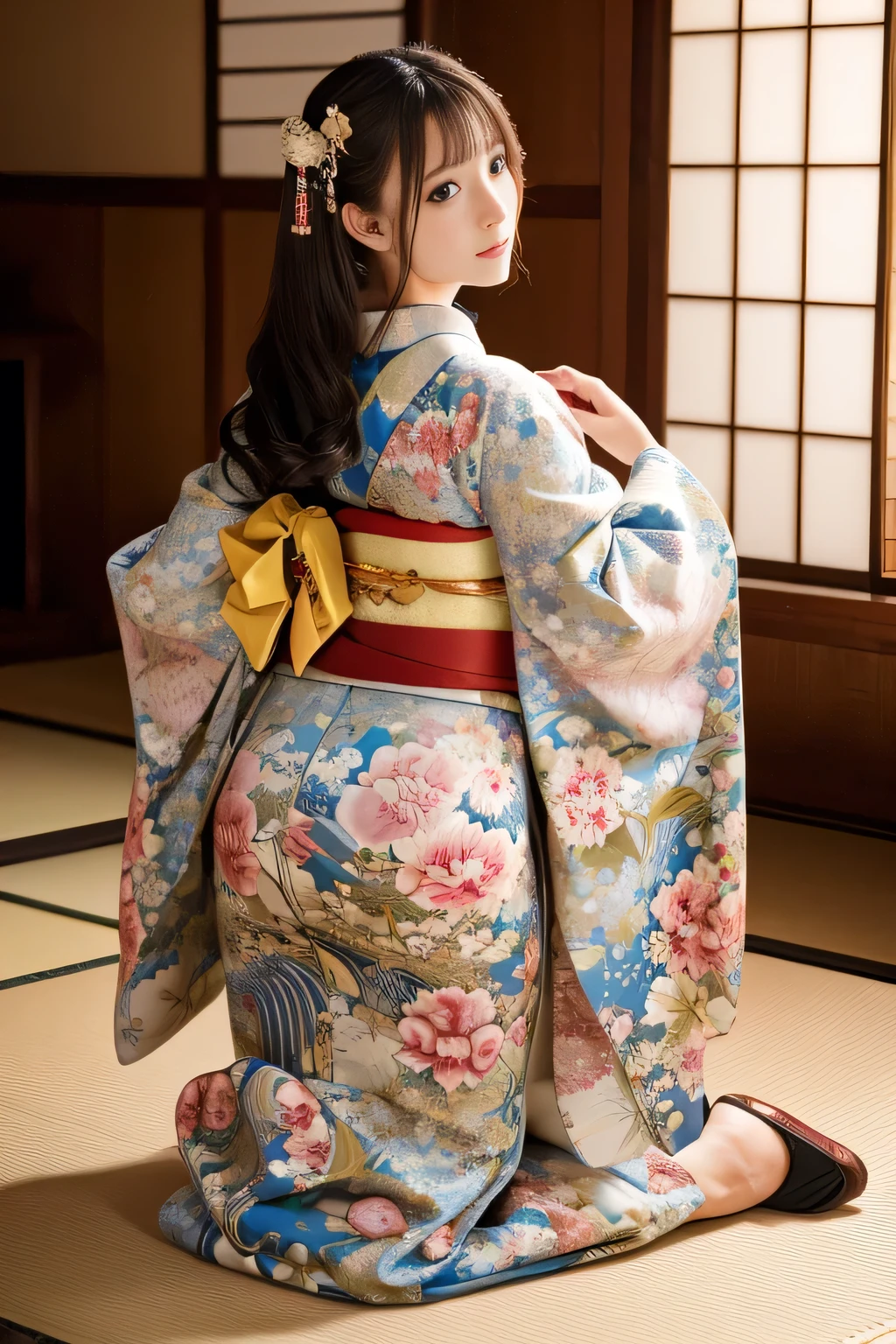 (8k, Highest quality, masterpiece, Ultra-high resolution: 1.2),kimono,Japanese-style room,1 girl, 23 years old, kneel and turn around、