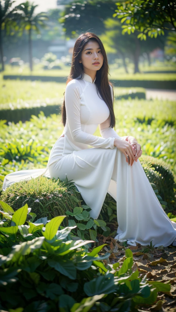 ((1 Vietnamese girl wearing ao dai, chubby body, realistic face with many details, Southeast Asian face, symmetrical face, beautiful woman, round breasts, firm breasts, breasts big, super big , big round , high quality detailed photos, 8k photo quality, chubby body, cleavage, wide angle photo, sitting, deep cleavage, super big , sitting in the field at the end kiss))