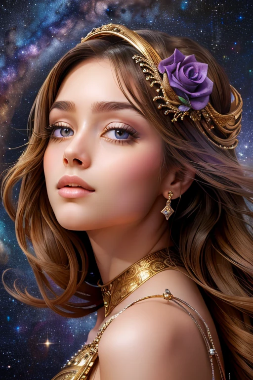 best quality specialist, masterpiece, realistic , ultra detailed, space, Milky Way, Virgo Zodiac Sign ,Constellation Cygnus, Portrait of an extraordinary girl - the ideal of beauty ! purple rose .