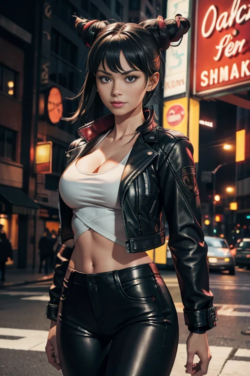 best quality, high quality, ultra quality, 8k, masterpiece, detailed, extremely detailed, insanely detailed, ultra detailed, ultra highres ,exquisite,
lifelike Images,cinematic experience,UHD picture,Realistic,photorealistic,hyperrealistic,vivid,RAW photo,shot by DSLR, Juri Han, cleavage, (black leather jacket:1.2), white tank top, black leather pants, city