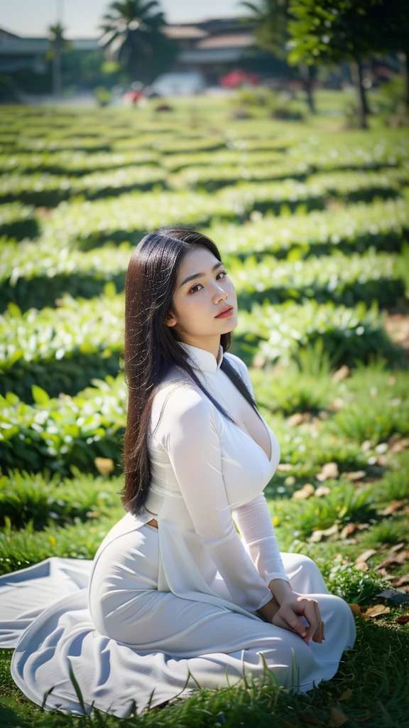 ((1 Vietnamese girl wearing ao dai, chubby body, realistic face with many details, Southeast Asian face, symmetrical face, beautiful woman, round breasts, firm breasts, breasts big, super big , big round , high quality detailed photos, 8k photo quality, chubby body, cleavage, wide angle photo, sitting, deep cleavage, super big , sitting in the field at the end kiss))
