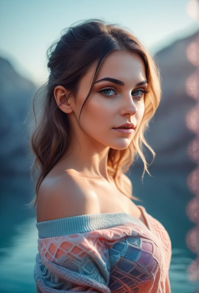 One girl,Mysterious Girl ,Exotic girl in off-the-shoulder sweater,Fading backlight background,pastel colour,Enchanting Goddess,Amazing depth,Double exposure,Surreal,Geometric pattern,Exquisitely crafted,Bokeh,Perfect balance,Deep and thin border,Artistic Photorealism,Swimwear