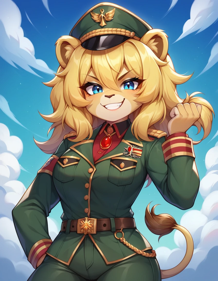 score_9,score_8_up,score_7_up, young, loli, lion girl, lion tail, yellow hair, Tanya Degurechaff, blue eyes, looking at viewer, smile, 1girl, lion ears, furry female, military hat, military uniform,red pendant, belt,pants,evil smile, military base, clear sky, looking at viewer, solo, anthro, cheek tuft, facial tuft, uperbody, evil smile,