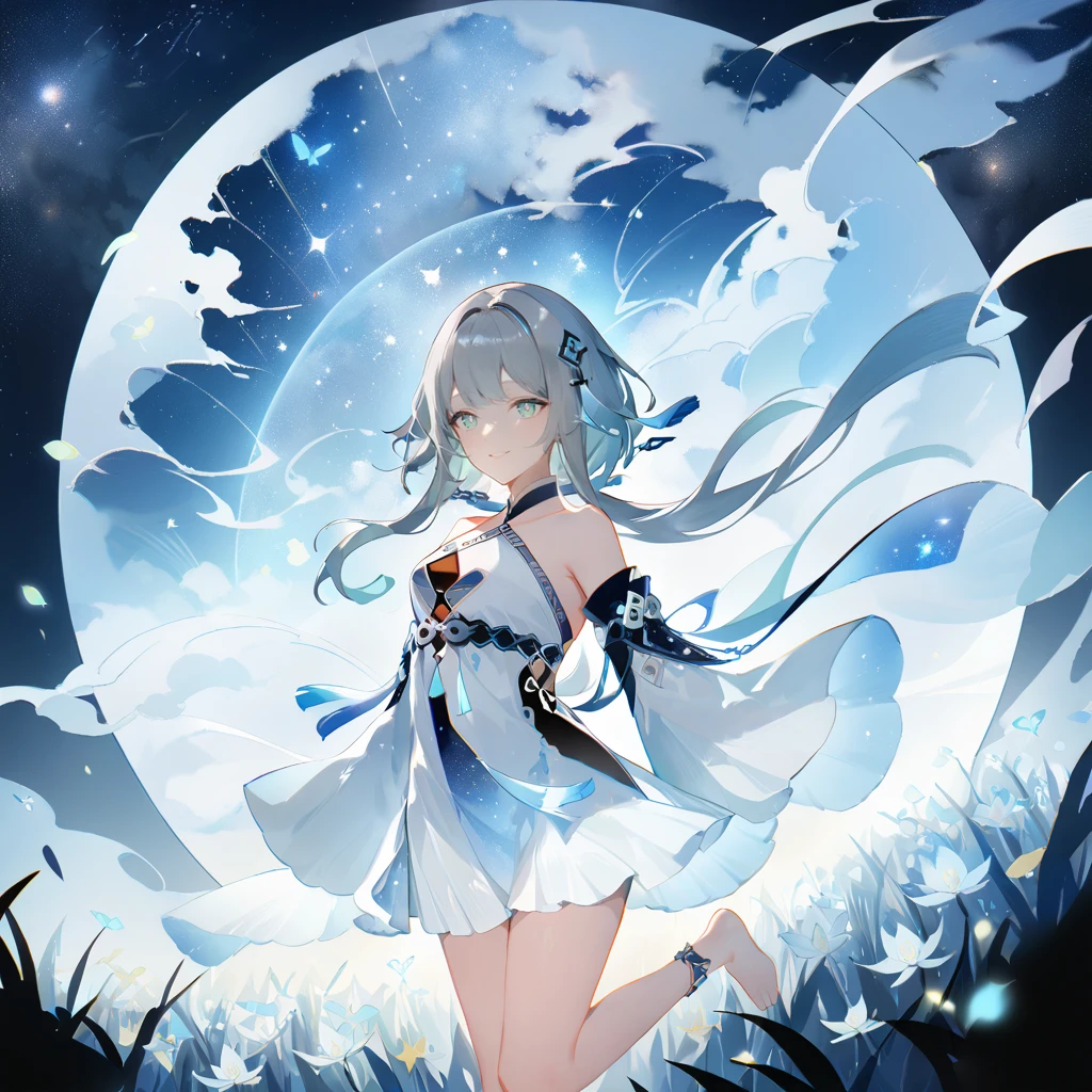 score_9, score_8_up, score_7_up, score_6_up,1girl, guizhong_\(genshin_impact\),(grey hair),short_hair_with_long_locks in front and low ponytail in back,gradient_hair,(pale grey eyes with seafoam gradient),starry_sky_print,detached_sleeves white outside blue starry inside, hands completely hidden by long sleeves,stunning field of softly glowing cerulean and white glaze lilies,night scene,gentle smile,face focus, eye focus,ladyshadow,moonlight,glossy lips,vivid anime coloring,cel shading,smooth, soft dreamy focus,anklet,halter_top,white clothes,highly detailed,digital painting,bare_shoulders,barefoot,cool night tones, magical night scene,geo crystalflies,professional,anemo colored fireflies,nebula of stardust and silvery vapor,harmonious blend of nature and art,transcendent beauty,awe-inspiring artwork,(best quality,4k,8k,highres,masterpiece:1.2),yunamaro,carnelian,dsmile,cosmic stardust,guizhong, guizhong's def clothes, 1girl, long hair, blue eyes, barefoot, guizhong's dress, hair ornament, chinese clothes, sleeves past fingers,