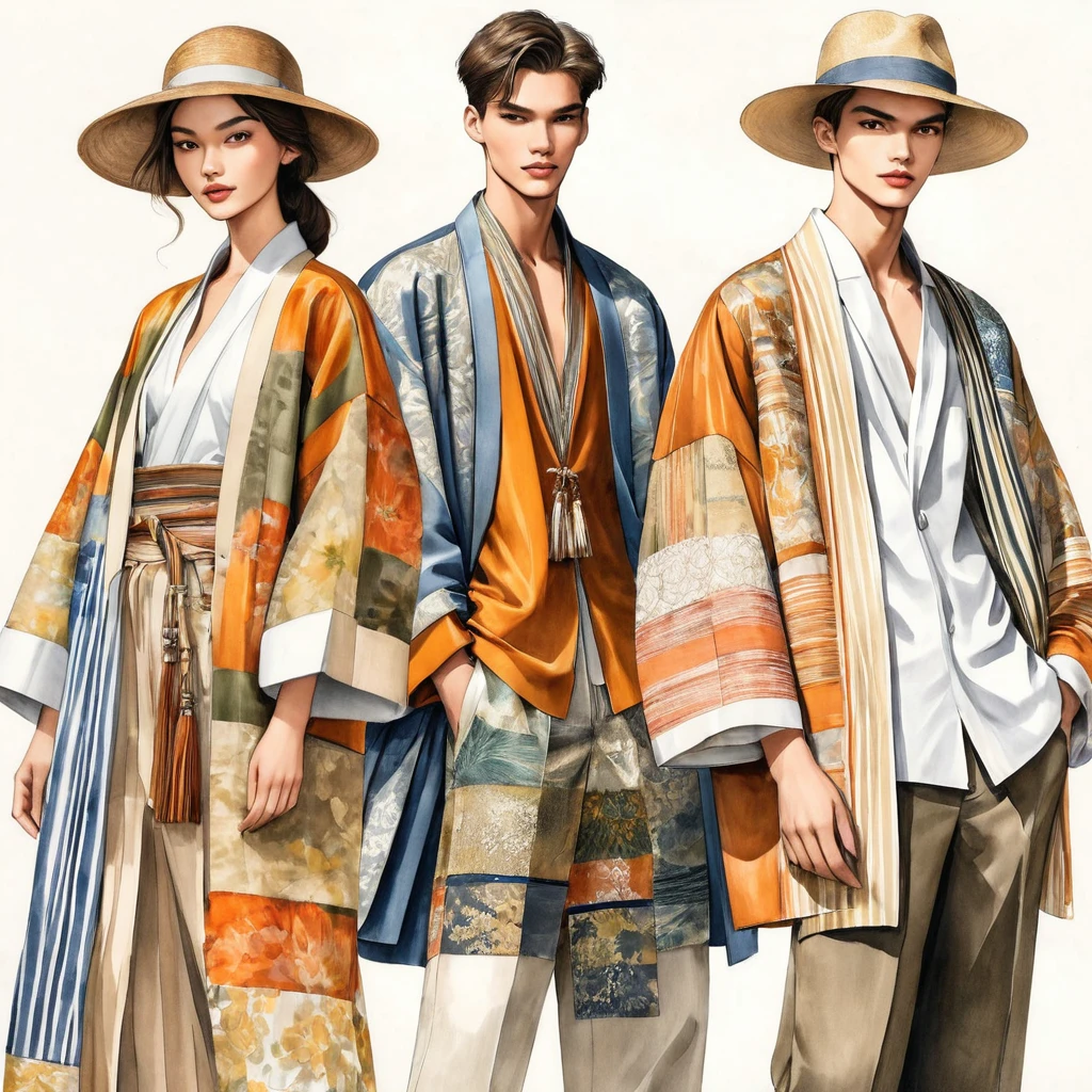 illustration de mode spontanée d'un groupe de jeunes 2 hommes et 1 femme, âgé de 18 à 2, grand et mince, Super modèle masculin de race mixte, ((Présentez des tenues à la mode de Lénine inspirées de la collection croisière du designer Dries Van Noten)), dans un style élégant et moderne de patchwork ou de tissu ethnique en collage, e-co print, mélange de couleurs naturelles de terre et de couleurs métalliques. Le 1er homme porte une chemise surdimensionnée avec des détails de broderie et de dentelle, associé à un pantalon slim. Le 2ème homme le complète avec une chemise décorée de dentelle et une veste Yukata surdimensionnée avec des détails tissés ethniques, porté avec un short à cordon rayé. une femme porte une longue robe en soie patchwork de style minimaliste, (le tout complète le look avec des baskets blanches, un accessoire avec un chapeau de paille à large bord, lunettes de soleil.  capturé dans un ((image du corps entier)), pose de modèle simple, ((peinture aquarelle simple sur fond de papier blanc)), lignes de crayon réalistes, dessin imparfait, détail des lignes de charbon de bois, croquis qui s&#39;estompe, croquis de mode, vue en contre-plongée, (Image du corps entier), Dris Van Noten.