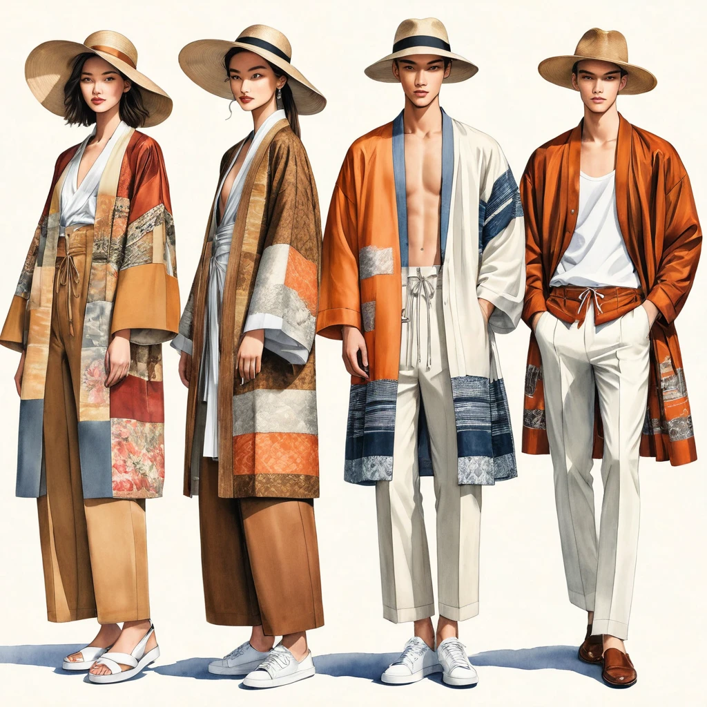 illustration de mode spontanée d'un groupe de jeunes 2 hommes et 1 femme, âgé de 18 à 2, grand et mince, Super modèle masculin de race mixte, ((Présentez des tenues à la mode de Lénine inspirées de la collection croisière du designer Dries Van Noten)), dans un style élégant et moderne de patchwork ou de tissu ethnique en collage, e-co print, mélange de couleurs naturelles de terre et de couleurs métalliques. Le 1er homme porte une chemise surdimensionnée avec des détails de broderie et de dentelle, associé à un pantalon slim. Le 2ème homme le complète avec une chemise décorée de dentelle et une veste Yukata surdimensionnée avec des détails tissés ethniques, porté avec un short à cordon rayé. une femme porte une longue robe en soie patchwork de style minimaliste, (le tout complète le look avec des baskets blanches, un accessoire avec un chapeau de paille à large bord, lunettes de soleil.  capturé dans un ((image du corps entier)), pose de modèle simple, ((peinture aquarelle simple sur fond de papier blanc)), lignes de crayon réalistes, dessin imparfait, détail des lignes de charbon de bois, croquis qui s&#39;estompe, croquis de mode, vue en contre-plongée, (Image du corps entier), Dris Van Noten.