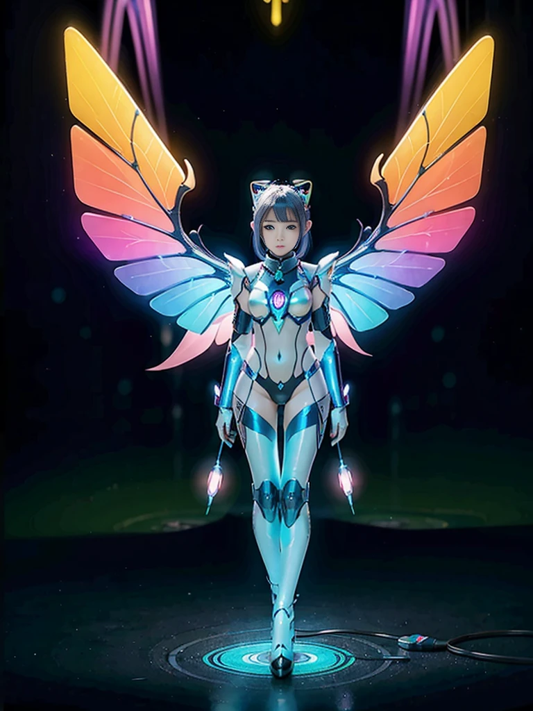 1girl, Armor, Wings, beautiful dragon, futuristic evolved Nekomata, (Neon glowing body), 2 tails, holographic, (The wings are symmetrically paired;1.5), Tricolor color body

