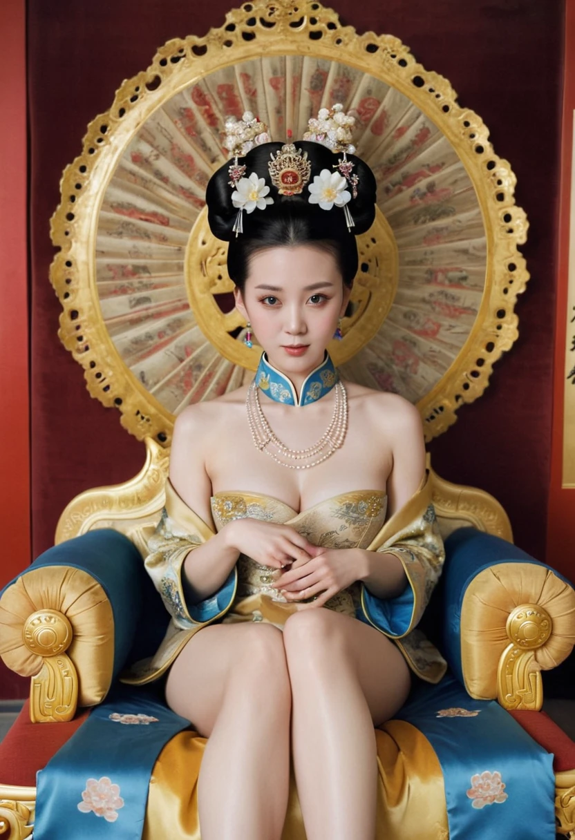 From before the Qing, The Empress sits naked on a golden sofa in the palace, Her eyes are wide open, Her legs were spread, big naked breasts. At the Chinese court during the Qing Dynasty, Empress of the Qing Dynasty, Empress of China, Wearing a large crown, When viewed from below, the abdomen and thighs are visible..。She is completely naked, Showing off gorgeous large flowers and hairpins, She tied her hair up and pulled it up, 背景はEmpress of the Qing Dynastyの豪華な宮殿.