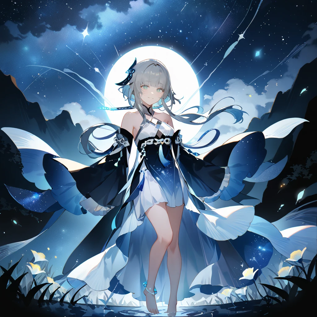 score_9, score_8_up, score_7_up, score_6_up,1girl, guizhong_\(genshin_impact\),(grey hair),short_hair_with_long_locks in front and low ponytail in back,gradient_hair,(pale grey eyes with seafoam gradient),starry_sky_print,detached_sleeves white outside blue starry inside, hands completely hidden by long sleeves,stunning field of softly glowing cerulean and white glaze lilies,night scene,gentle smile,face focus, eye focus,ladyshadow,moonlight,glossy lips,vivid anime coloring,cel shading,smooth, soft dreamy focus,anklet,halter_top,white clothes,highly detailed,digital painting,bare_shoulders,barefoot,cool night tones, magical night scene,geo crystalflies,professional,anemo colored fireflies,nebula of stardust and silvery vapor,harmonious blend of nature and art,transcendent beauty,awe-inspiring artwork,(best quality,4k,8k,highres,masterpiece:1.2),yunamaro,carnelian,dsmile,cosmic stardust,guizhong, guizhong's def clothes, 1girl, long hair, blue eyes, barefoot, guizhong's dress, hair ornament, chinese clothes, sleeves past fingers,