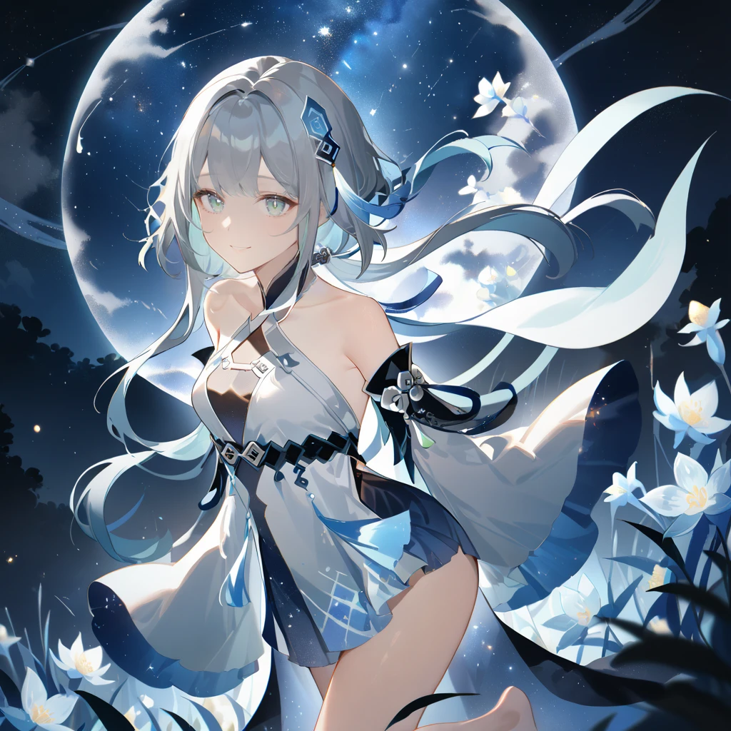 score_9, score_8_up, score_7_up, score_6_up,1girl, guizhong_\(genshin_impact\),(grey hair),short_hair_with_long_locks in front and low ponytail in back,gradient_hair,(pale grey eyes with seafoam gradient),starry_sky_print,detached_sleeves white outside blue starry inside, hands completely hidden by long sleeves,stunning field of softly glowing cerulean and white glaze lilies,night scene,gentle smile,face focus, eye focus,ladyshadow,moonlight,glossy lips,vivid anime coloring,cel shading,smooth, soft dreamy focus,anklet,halter_top,white clothes,highly detailed,digital painting,bare_shoulders,barefoot,cool night tones, magical night scene,geo crystalflies,professional,anemo colored fireflies,nebula of stardust and silvery vapor,harmonious blend of nature and art,transcendent beauty,awe-inspiring artwork,(best quality,4k,8k,highres,masterpiece:1.2),yunamaro,carnelian,dsmile,cosmic stardust,guizhong, guizhong's def clothes, 1girl, long hair, blue eyes, barefoot, guizhong's dress, hair ornament, chinese clothes, sleeves past fingers,