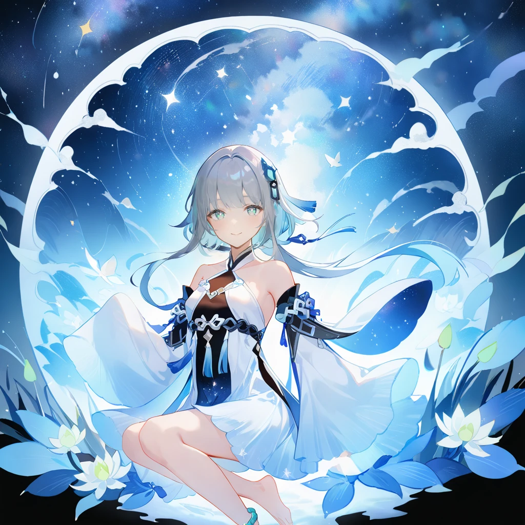 score_9, score_8_up, score_7_up, score_6_up,1girl, guizhong_\(genshin_impact\),(grey hair),short_hair_with_long_locks in front and low ponytail in back,gradient_hair,(pale grey eyes with seafoam gradient),starry_sky_print,detached_sleeves white outside blue starry inside, hands completely hidden by long sleeves,stunning field of softly glowing cerulean and white glaze lilies,night scene,gentle smile,face focus, eye focus,ladyshadow,moonlight,glossy lips,vivid anime coloring,cel shading,smooth, soft dreamy focus,anklet,halter_top,white clothes,highly detailed,digital painting,bare_shoulders,barefoot,cool night tones, magical night scene,geo crystalflies,professional,anemo colored fireflies,nebula of stardust and silvery vapor,harmonious blend of nature and art,transcendent beauty,awe-inspiring artwork,(best quality,4k,8k,highres,masterpiece:1.2),yunamaro,carnelian,dsmile,cosmic stardust,guizhong, guizhong's def clothes, 1girl, long hair, blue eyes, barefoot, guizhong's dress, hair ornament, chinese clothes, sleeves past fingers,