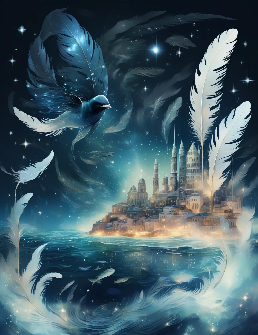 Aria_Fatal,Amazing world,night,Underwater starry sky,A city in the sea,Transparent feathers,Iridescent Feathers