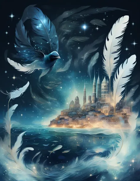 aria_fatal,amazing world,night,underwater starry sky,a city in the sea,transparent feathers,iridescent feathers