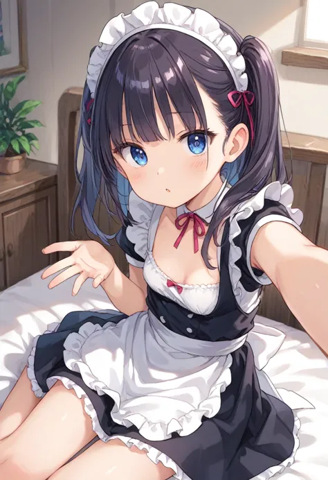 score_9, 1girl, cleavage, clothes lift, small breasts, sitting, on side, maid, maid suits, skinny, looking at viewer, parted lip...