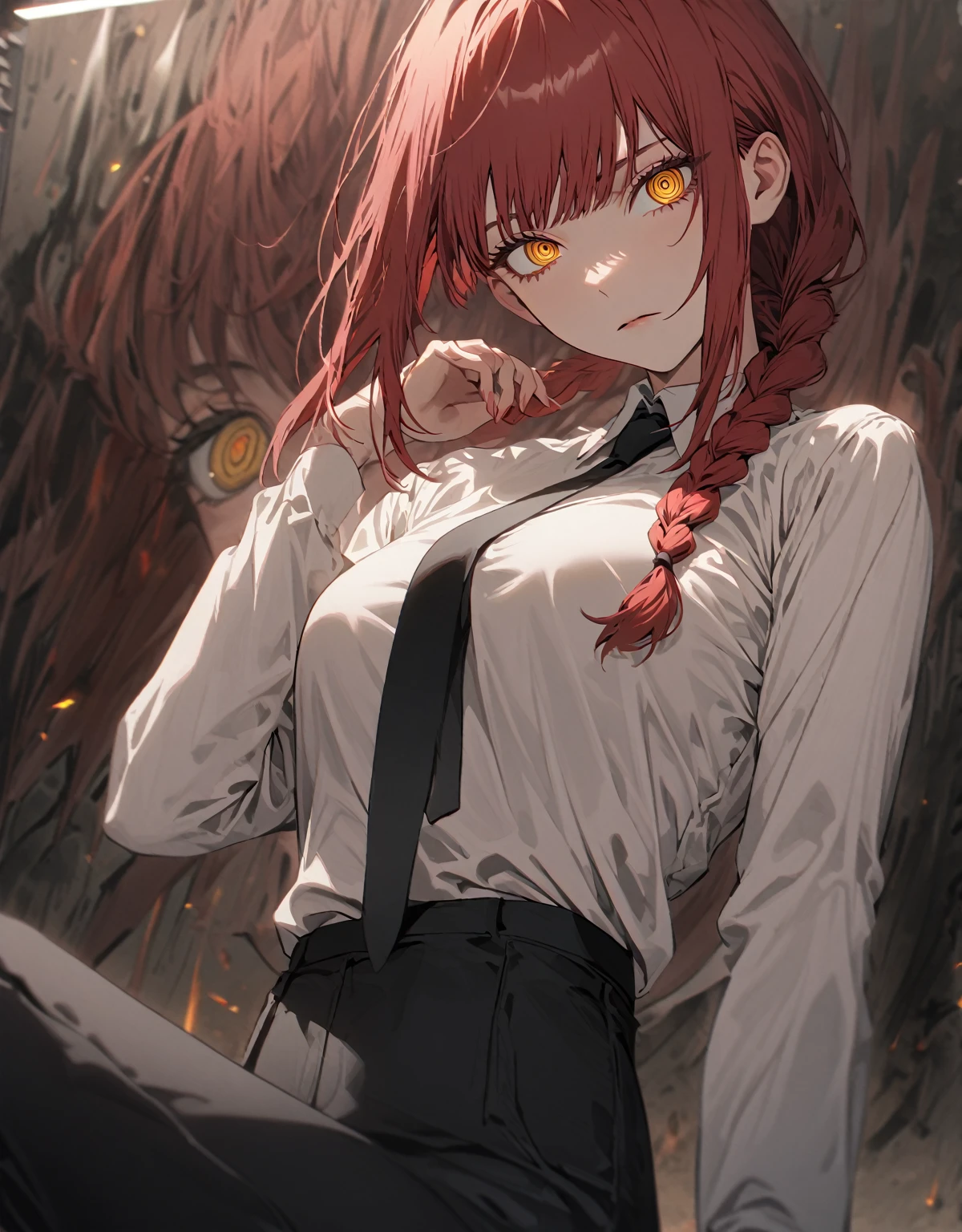 master piece,makima_(chainsaw_man), 1girl, asymmetrical bangs, black necktie, long braid hair, braided ponytail, medium hair, red hair, ringed eyes, sidelocks, yellow eyes, White dress shirts, long-sleeved shirt, medium large breasts, black pants,