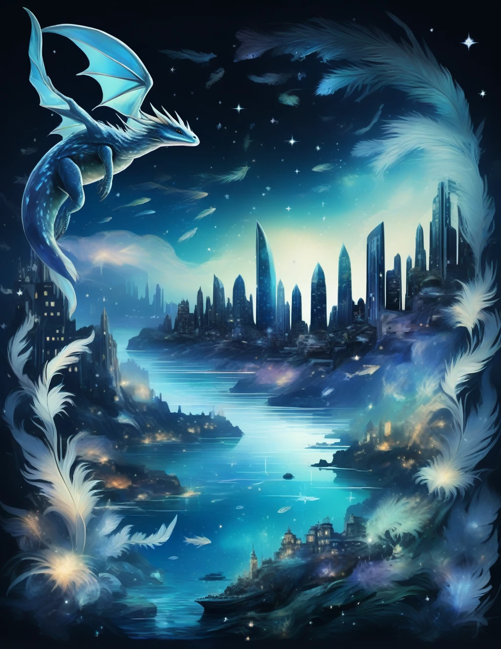 Aria_Fatal,Amazing world,night,Underwater starry sky,A city in the sea,Little dragon,Transparent feathers,Iridescent Feathers