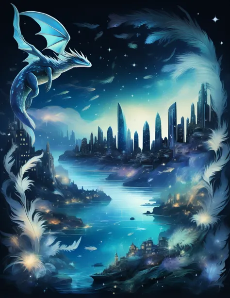 aria_fatal,amazing world,night,underwater starry sky,a city in the sea,little dragon,transparent feathers,iridescent feathers