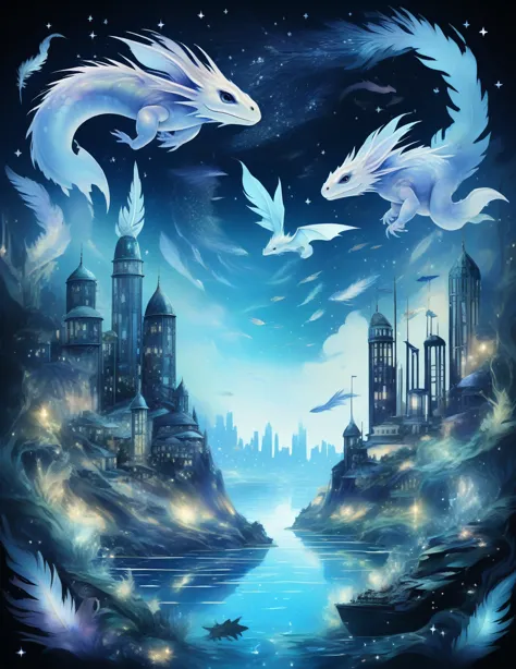 aria_fatal,amazing world,night,underwater starry sky,a city in the sea,little dragon,transparent feathers,iridescent feathers