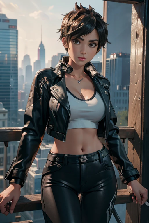 best quality, high quality, ultra quality, 8k, masterpiece, detailed, extremely detailed, insanely detailed, ultra detailed, ultra highres ,exquisite,
lifelike Images,cinematic experience,UHD picture,Realistic,photorealistic,hyperrealistic,vivid,RAW photo,shot by DSLR, Tracer, cleavage, (black leather jacket:1.2), white tank top, black leather pants, city