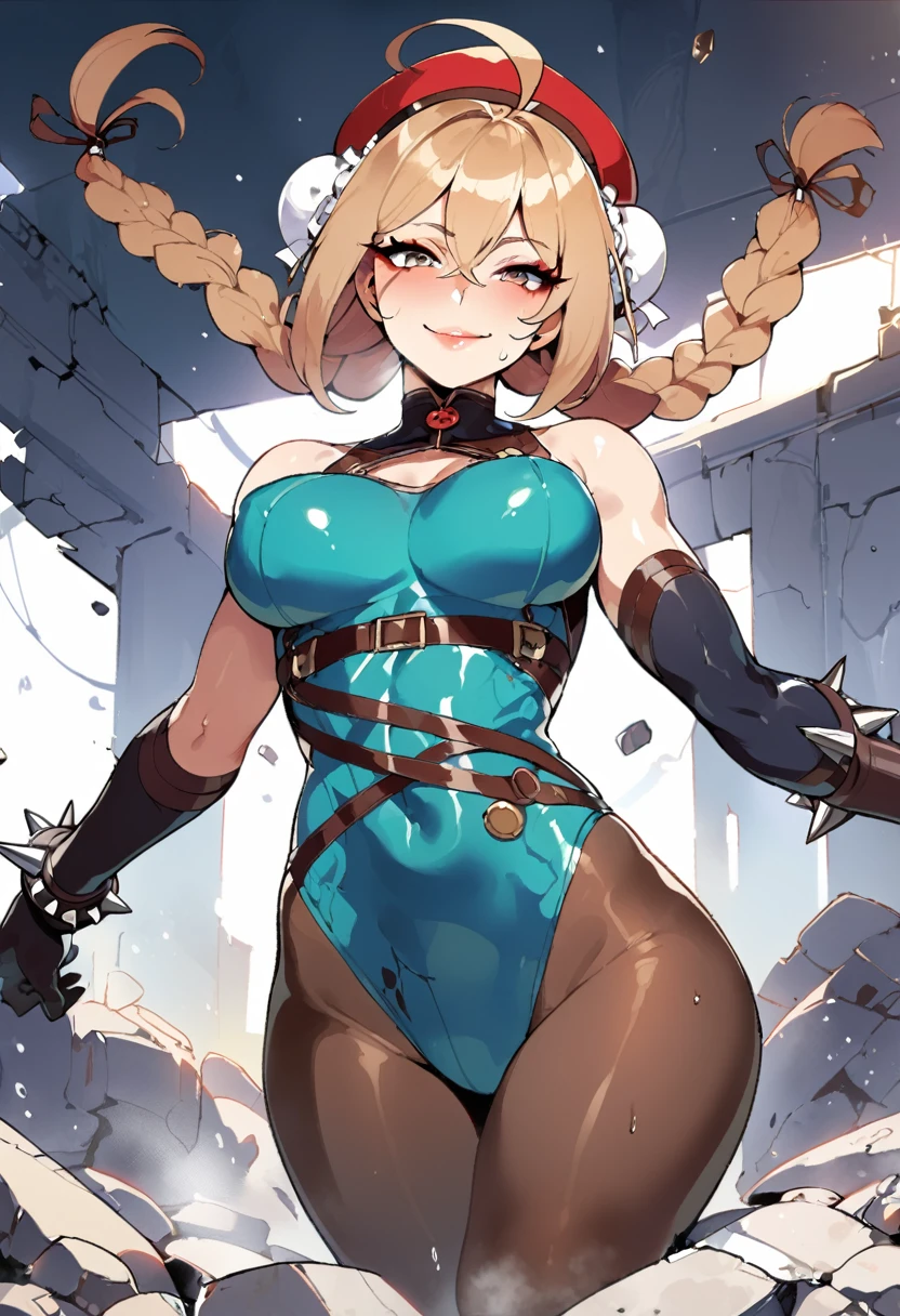 masterpiece,best quality,extreme detail,8k,cammyfn, 1girl, solo, Cammy, long hair, breasts, blue eyes,brown blonde hair, large breasts, gloves, red hat, braid, ahoge, twin braids, leotard, lips, makeup, beret, scar, antenna hair, nose, harness, huge ahoge, green leotard,sleeveless, sweaty,sweat, exhausted,sleeveless,cross eye, full body , 1girl, (solo:1.2), (jumping:1.3), (mid air:1.3), (cowboy shot:1.5), smile, happy, (masterpiece:1.3), (best quality:1.3), (perfect anatomy:1.4), highly detailed, chun li, brown eyes, short hair, double bun, bun cover, blue dress, pelvic curtain, spiked bracelet, sash, brown pantyhose, (post fight scenery:1.3), rubble, outside, daylight, nyantcha, expressive faces, anime-inspired, (cell shading:1.2), lips, merging, fusion, fused, merged
