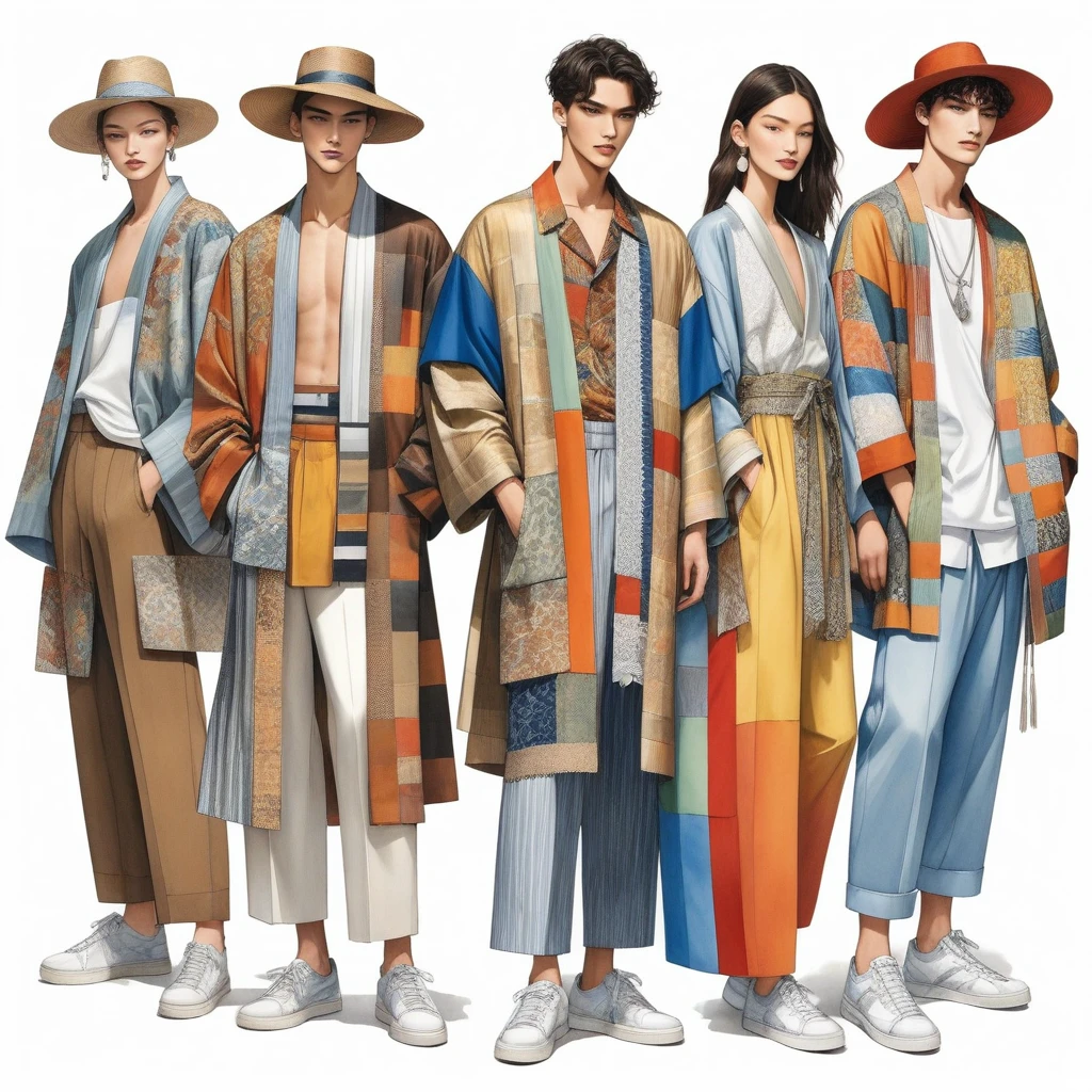 ilustração de moda informal de um grupo de 2 homens e 1 mulher jovens, com idade entre 18 e 2 anos, Alto e esguio, Modelo masculino multirracial, ((apresenta roupas fashionistas Lenin inspiradas na coleção resort 2023 do designer Dris Van Noten)), em estilo elegante e moderno de patchwork ou colagem de tecido étnico, e-co print, cores metálicas misturadas. O 1º homem usa uma camisa oversized com detalhes em bordado e renda, combinado com calças justas. O 2º homem complementa-o com uma camisa decorada com renda e um casaco Yukata oversized com detalhes étnicos tecidos, combinado com shorts de cordão grande listrado. uma mulher usa um vestido longo de seda em patchwork de estilo minimalista, (tudo completa o look com tênis branco, acessórios com um chapéu de palha de aba larga, oculos de sol.  capturado em um ((Imagem de corpo inteiro)), pose de modelo simples, ((pintura simples em aquarela em fundo de papel branco)), linhas de lápis realistas, desenho imperfeito, detalhe de linhas de carvão, esboço de desvanecimento, desenho de moda, Vista de ângulo baixo, (Imagem de corpo inteiro), Dris Van Noten.