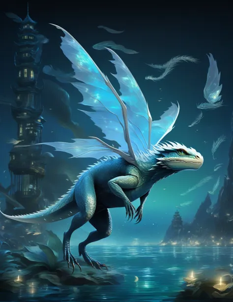 night,海sea都市,building,little dragon,little snake,insect-like wings,transparent feathers,iridescent feathers,dark,sea