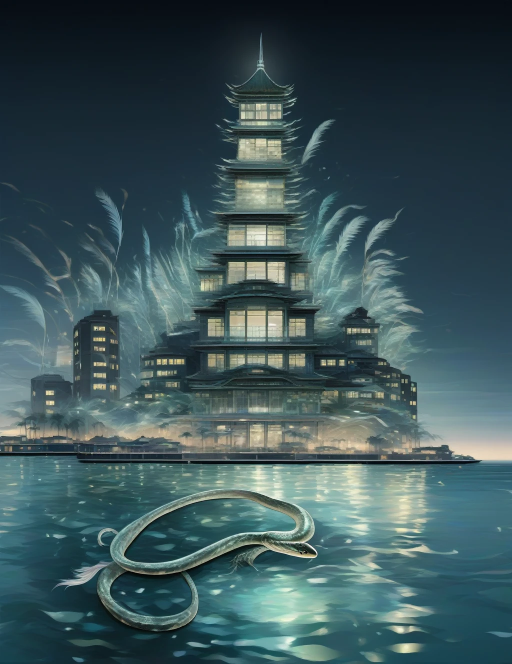 night,building,Sea都市,Little snake,Transparent feathers,Iridescent Feathers,dark,Sea