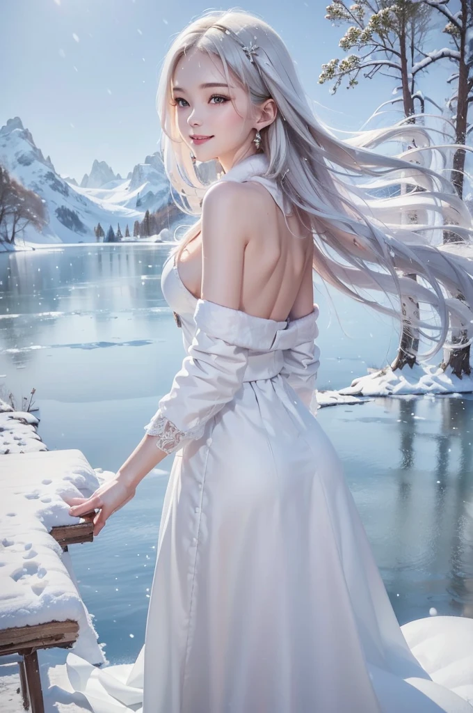 (the upper body:1.5).masterpiece、Highest quality、1 girl, winter, platinum blonde hair, Cute girl, smile, close mouse, medium breasts, sideboob:1.2, white dress, winter clothes, long skirt, Fur coat、Small waist、Thin legs、outdoors, front of the lake, snow falling, Prayer Pose, join hands, from backside:1.5, look back:1.6, face, style
