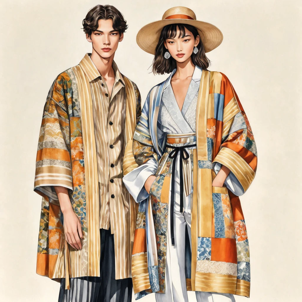 candid fashion illustration a group of young 2man and 1girl, aged 18-23 year old, tall and slender, Mixed race male super model, ((showcase fashionable Lenin outfits inspired by designer Dris Van Noten resort collection 2023)), in elegant and modern style of patchwork or collage, e-co print mixed Metallic color and ethnic cloth. The 1st man wears an oversized shirt with embroidery and lace details, paired with slim-fit Pants. The 2nd man complements him in a shirt decorate with lace and an oversized Yukata Jacket with ethnic woven details, paired with big striped Drawstring short. a woman wears patchwork long silk dress minimal style, (all completes the look with white sneakers, an accessorizes with a wide-brimmed straw hat, sunglass.  Captured in a ((full-body image)), simple model pose, ((simple water-color paint on white paper background)), realistic pencil lines, imperfect drawing, charcoal lines detail, fading sketch, fashion Sketching, low angle view, (full body image), Dris Van Noten.